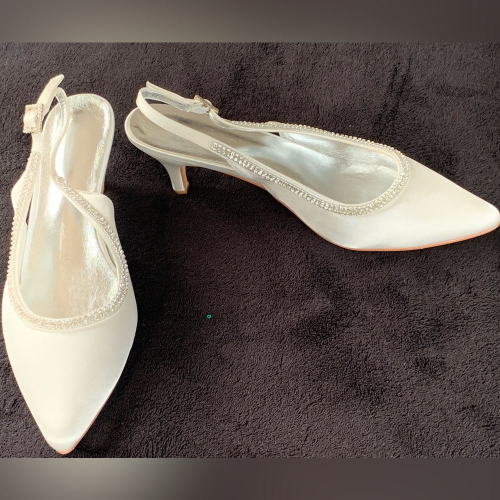 Ivory Satin Low Heeled Sling Backs